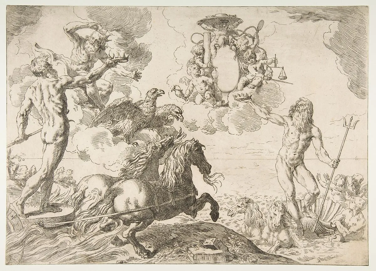 Jupiter, Neptune, and Pluto offering their crowns to the arms of Cardinal Borghese — Simone Cantarini