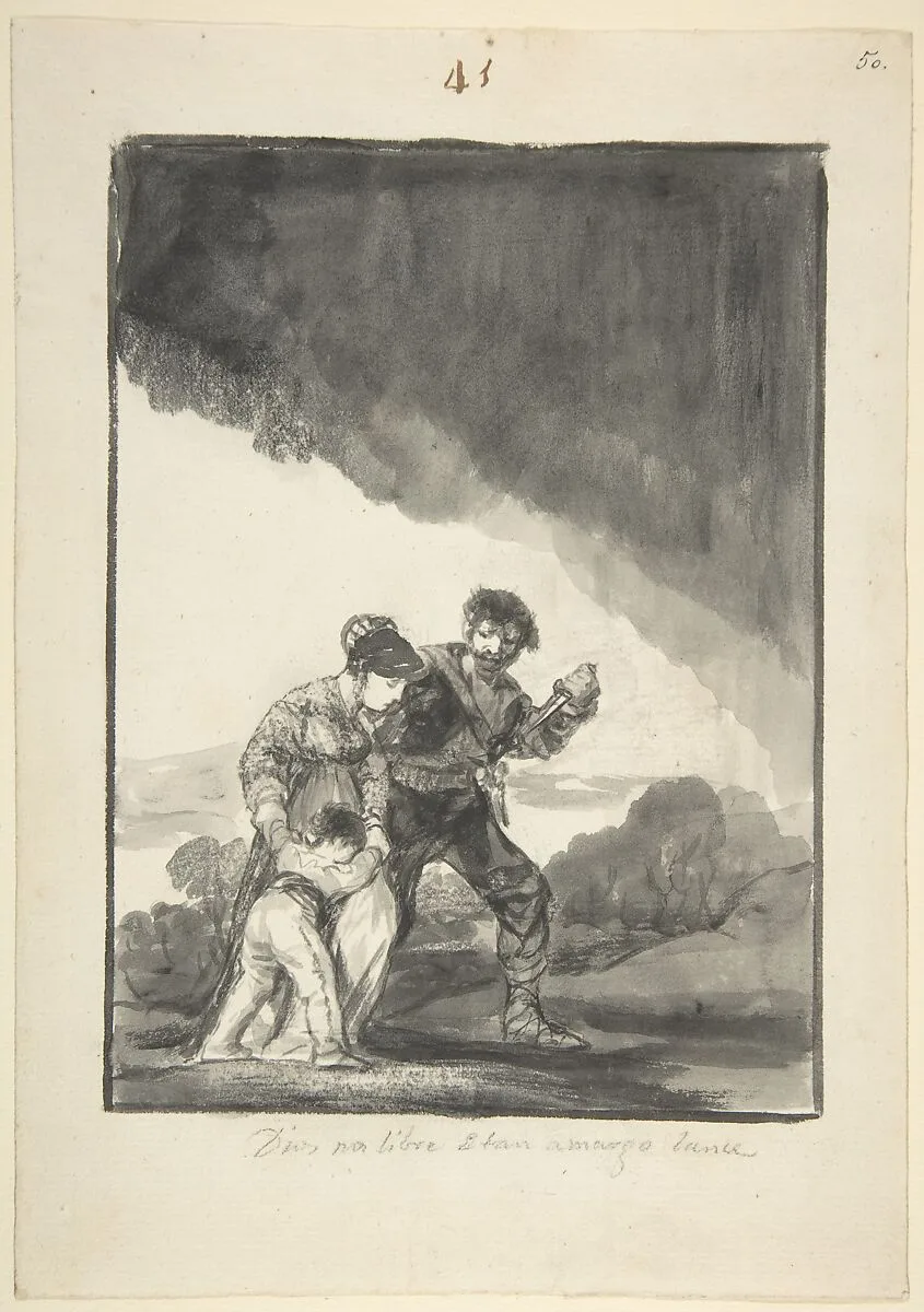 'God save us from such a bitter fate'; a bandit threatening a woman and a child with a knife: page 41 from the Black Border Album (E) — Goya (Francisco de Goya y Lucientes)