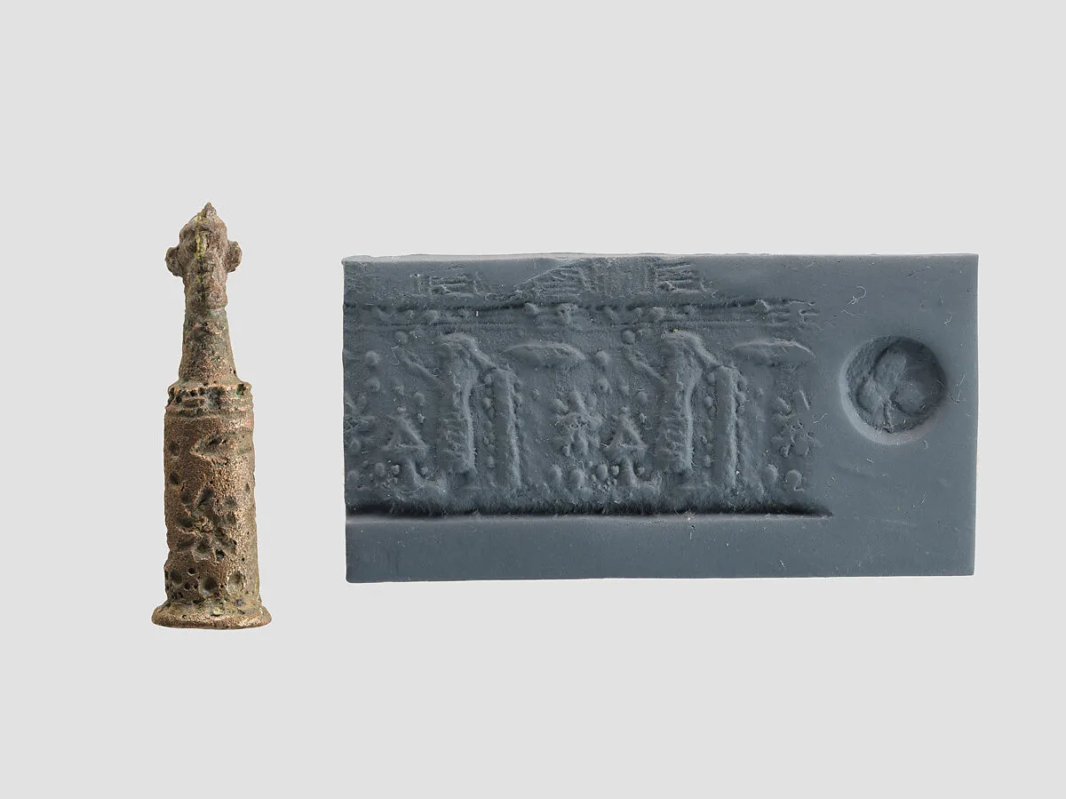 Stamp-cylinder seal with cultic scene, surmounted by (a plaster copy?) double-faced Pazuzu head — Unknown