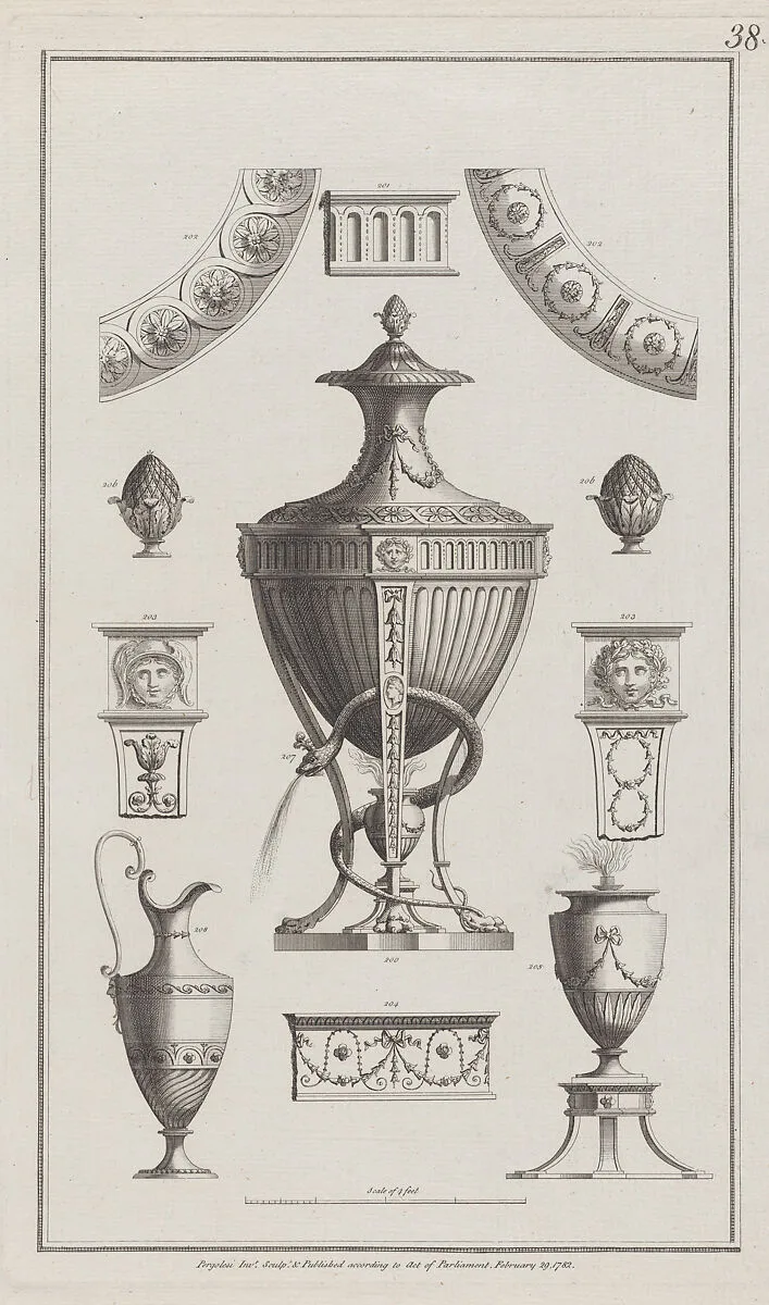 Vases and Ornament Designs, nos. 200-208, plate 38 from "Designs for Various Ornaments" — Michelangelo Pergolesi