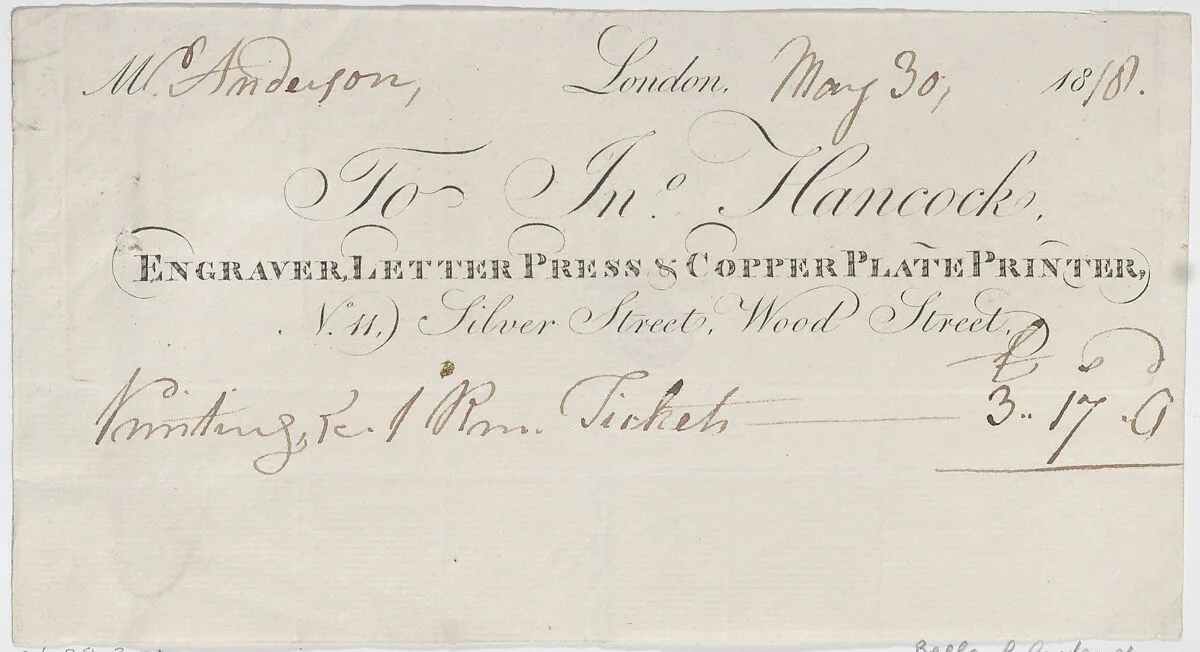 Trade Card for John Hancock, Engraver, Letter Press & Copper Plate Printer — Anonymous, British, early 19th century