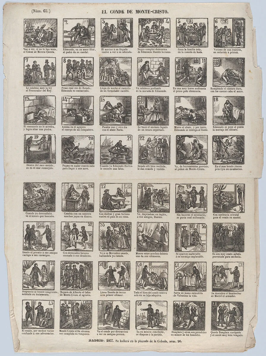 Broadside with 48 scenes relating the story of the Count on Montecristo — José María Marés