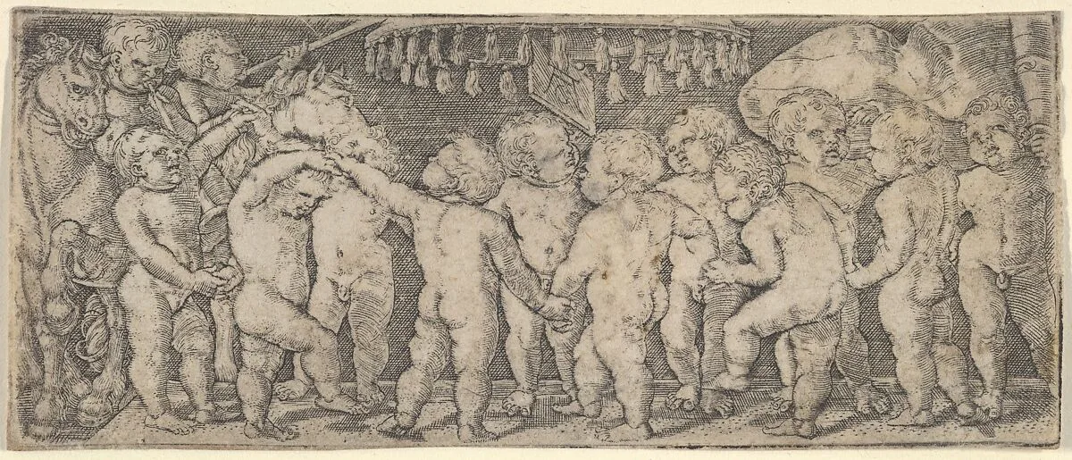Nude Children Dancing Under a Canopy, with Two Horses on the Left and a Banner on the Right — Heinrich Aldegrever