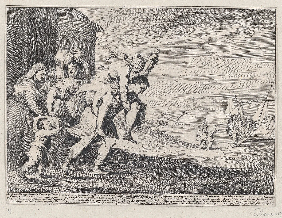 Aeneas fleeing Troy, with a group of six figures leaving the city at left, Aeneas carrying his father Anchises on his back, followed by his wife Creusa and his son Ascanius, two servants at far left — Anton Joseph von Prenner|Peter Paul Rubens