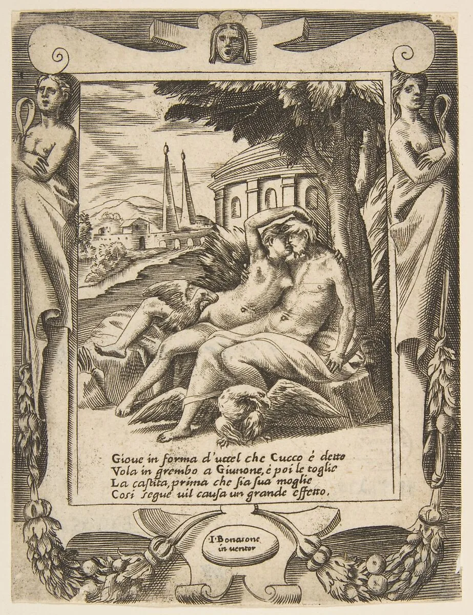 Jupiter tells Juno of his love, set within a frame, from "Loves, Rages and Jealousies of Juno" — Giulio Bonasone