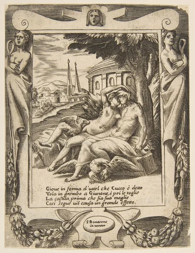 Jupiter tells Juno of his love, set within a frame, from "Loves, Rages and Jealousies of Juno"