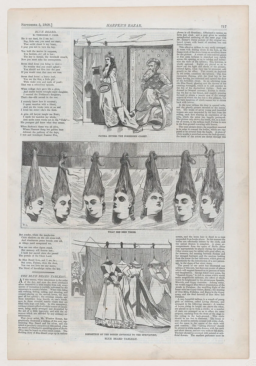Blue Beard Tableau: Fatima Enters the Forbidden Court; What She Sees There; Disposition of the Bodies (Invisible to the Spectators) (from "Harper's Bazar," Vol. I) — Winslow Homer|Harper & Brothers