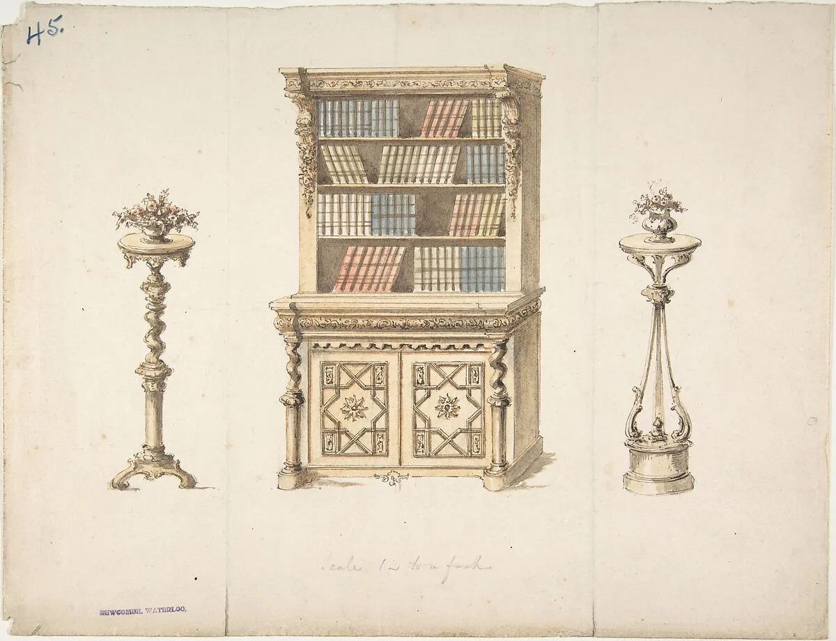 Design for a Cabinet-Bookcase and Two Stands for Flowers — Anonymous, British, 19th century