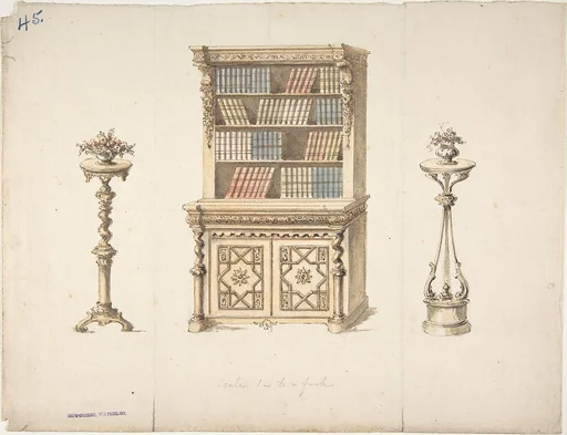 Design for a Cabinet-Bookcase and Two Stands for Flowers