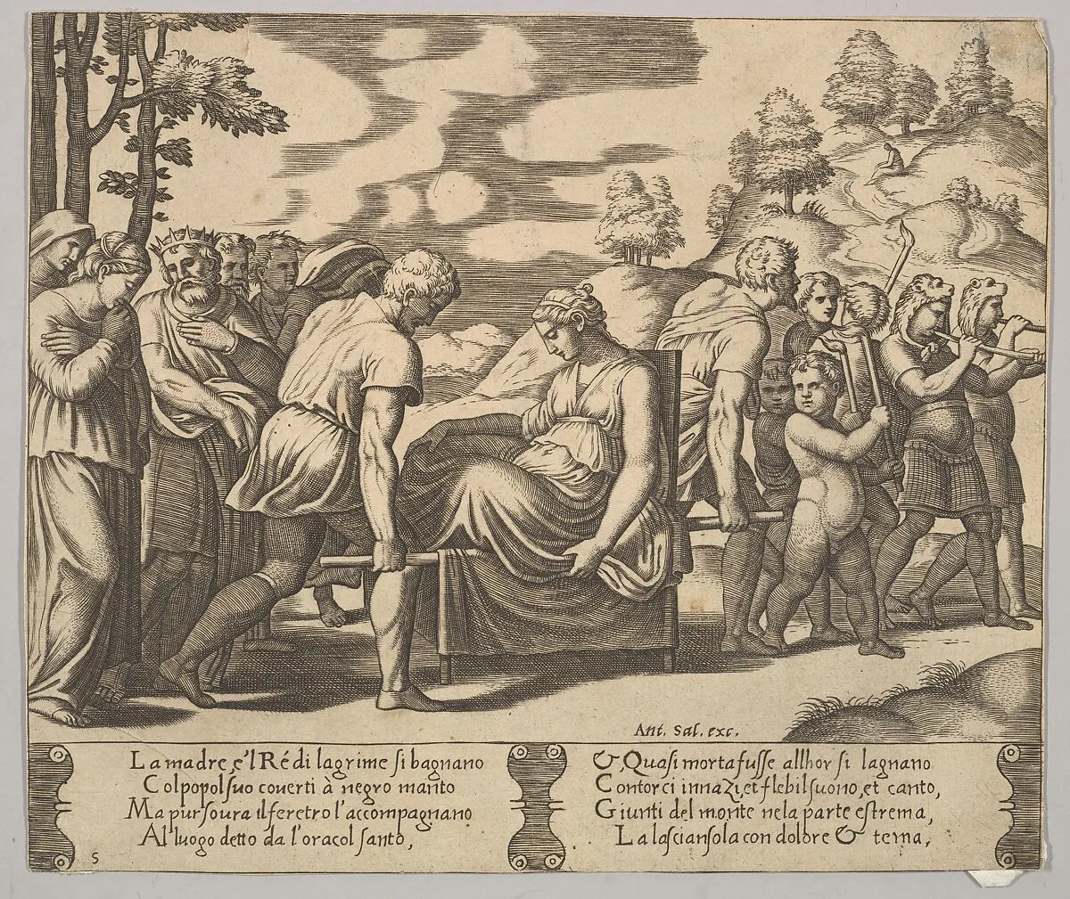 Plate 5: Psyche carried on a litter to a mountain, from "The Fable of Psyche" — Master of the Die|Michiel Coxie (I)|Antonio Salamanca