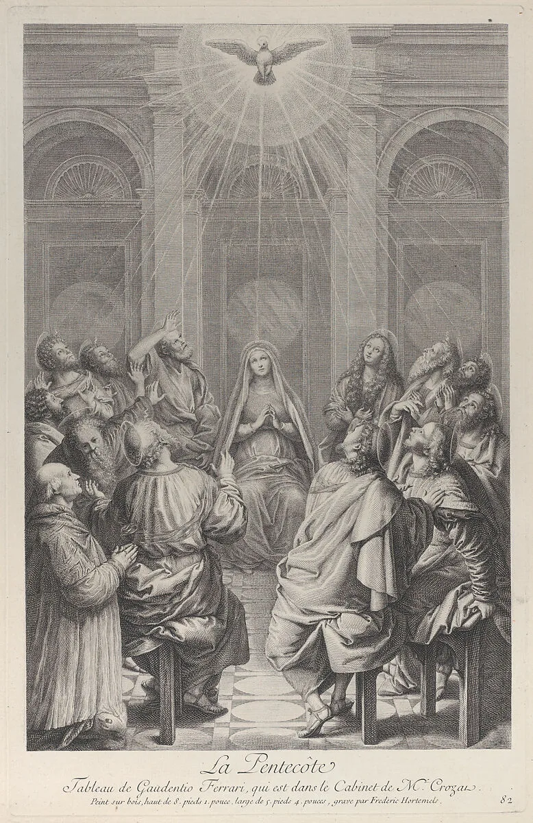 The Pentecost, with the Apostles and the Virgin sitting in a circle, the Holy Spirit appearing above them, and a donor kneeling at left — Frédéric Horthemels|Gaudenzio Ferrari