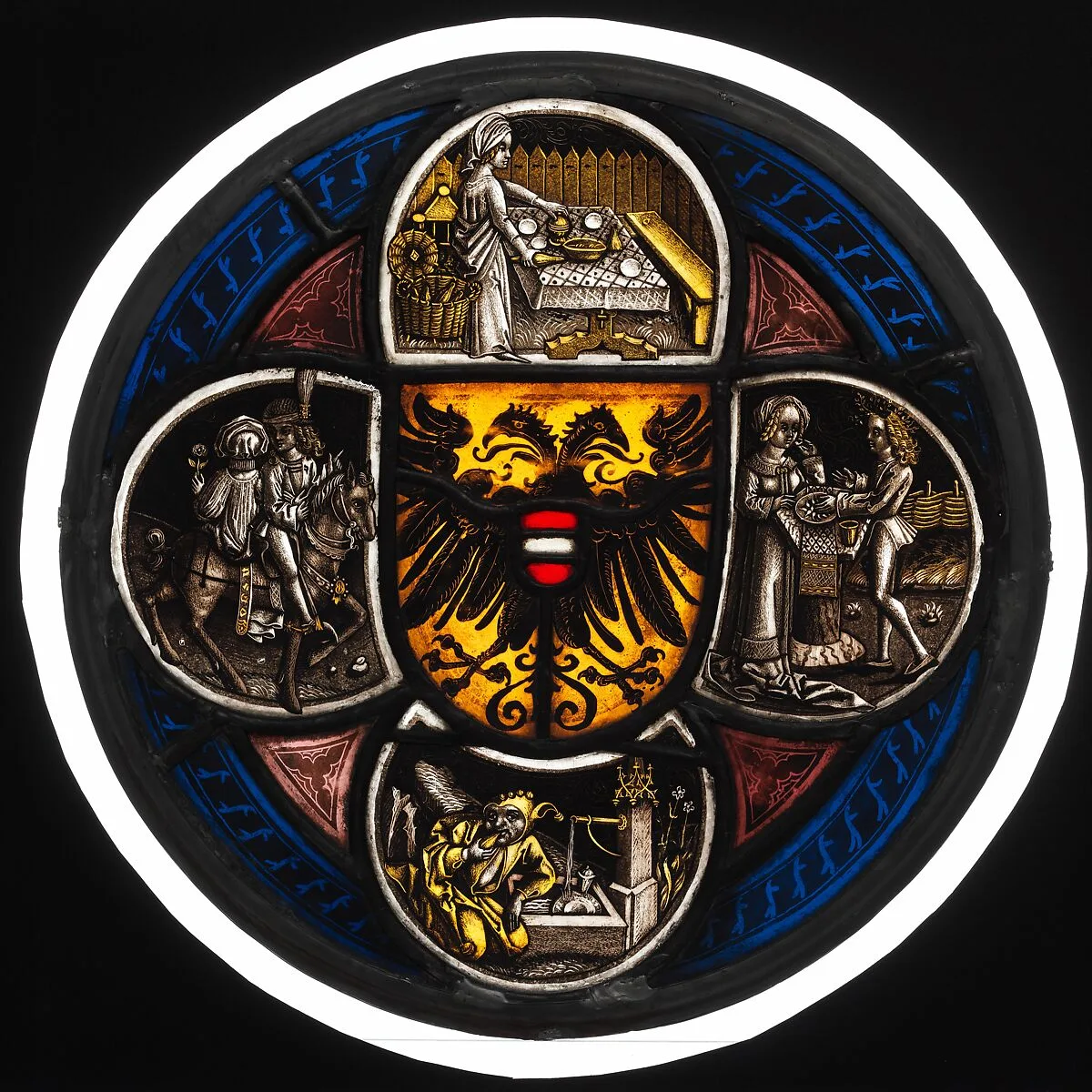 Quatrefoil Roundel with Arms and Secular Scenes — Unknown