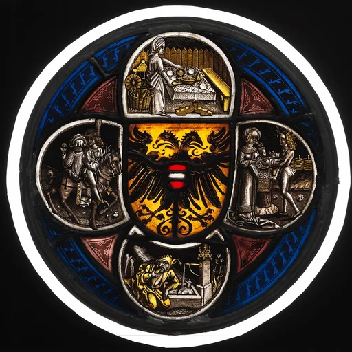 Quatrefoil Roundel with Arms and Secular Scenes
