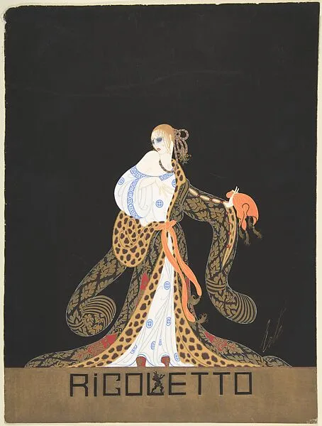 Design for Blue and White Dress and Leopard-lined Robe for Ganna Walska in "Rogoletto" the by the Chicago Opera Company — Erté (Romain de Tirtoff)
