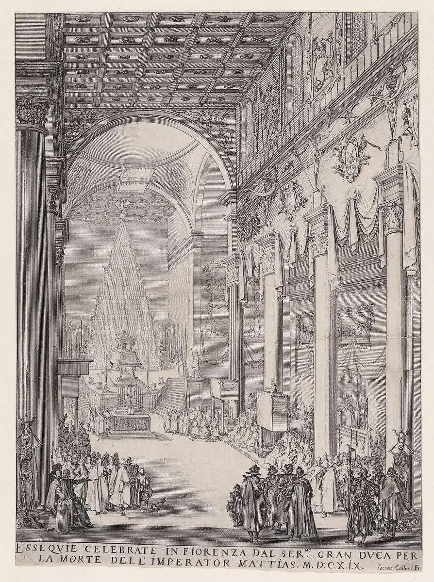Le Catafalque de l'Empereur Mathais pièce appelée aussi Le Petit Prédicateur, La Chapelle Funèbre de Florence et Requiem de L'Empereur Mathais (The Catafalque of the Emperor Matthais, piece also called The Small Preacher, The Funerary Chapel of Florence, The Requiem of the Emperor Matthais) — Jacques Callot