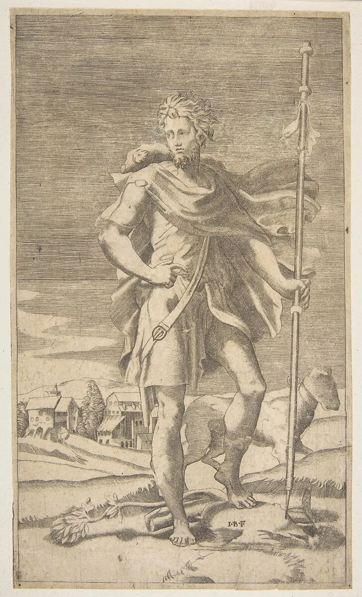 Saint Roch standing holding a staff in his left hand, a dog by his side — Giulio Bonasone|Parmigianino (Girolamo Francesco Maria Mazzola)