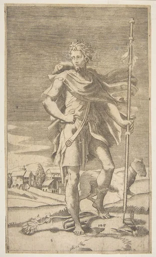 Saint Roch standing holding a staff in his left hand, a dog by his side