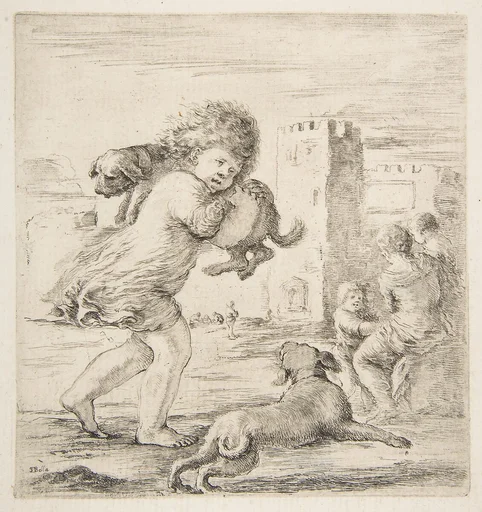 Child Carrying a Puppy on his Shoulder