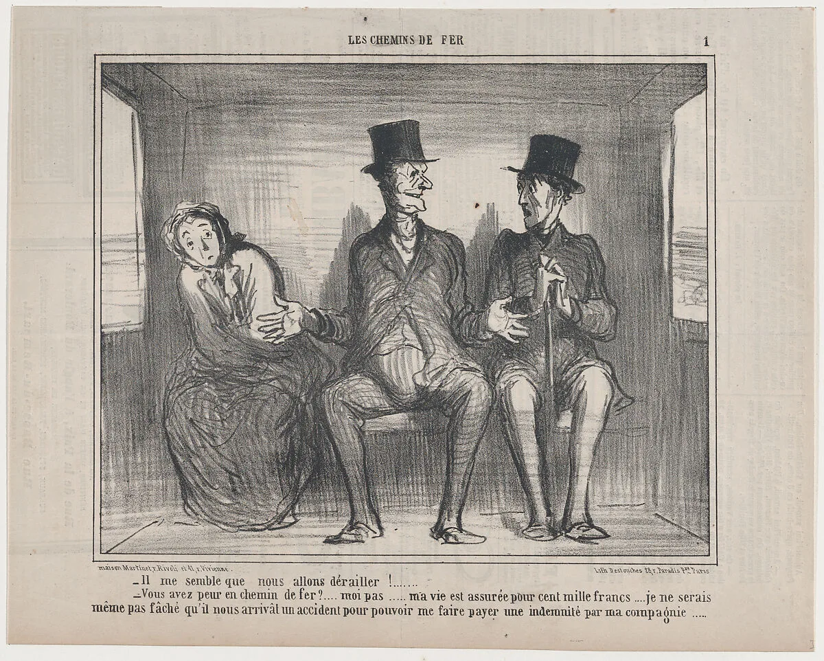Il me semble que nous allons dérailler..., from Les Chemins de Fer, published in Le Charivari, December 19, 1857 — Aaron Martinet|Honoré Daumier|Destouches