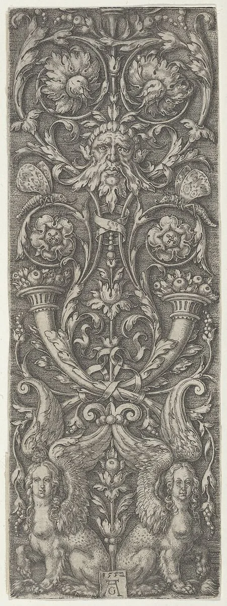 Vertical Panel with Candelabrum Grotesques Containing Cornucopias and Sphinxes — Heinrich Aldegrever