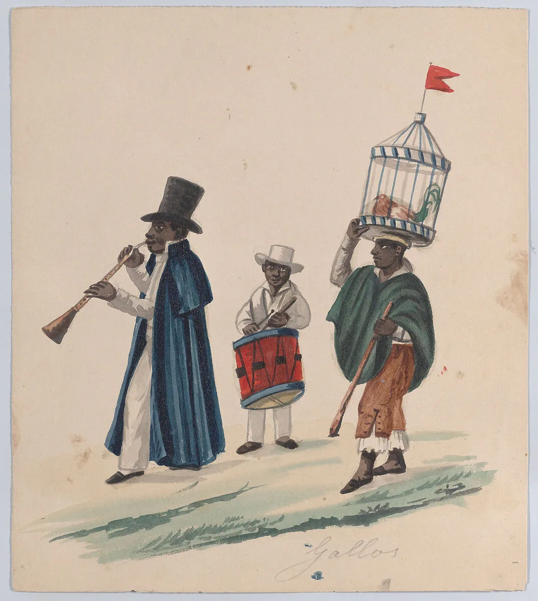 Two musicians and a man carrying on his head a rooster in cage, from a group of drawings depicting Peruvian dress — Francisco (Pancho) Fierro