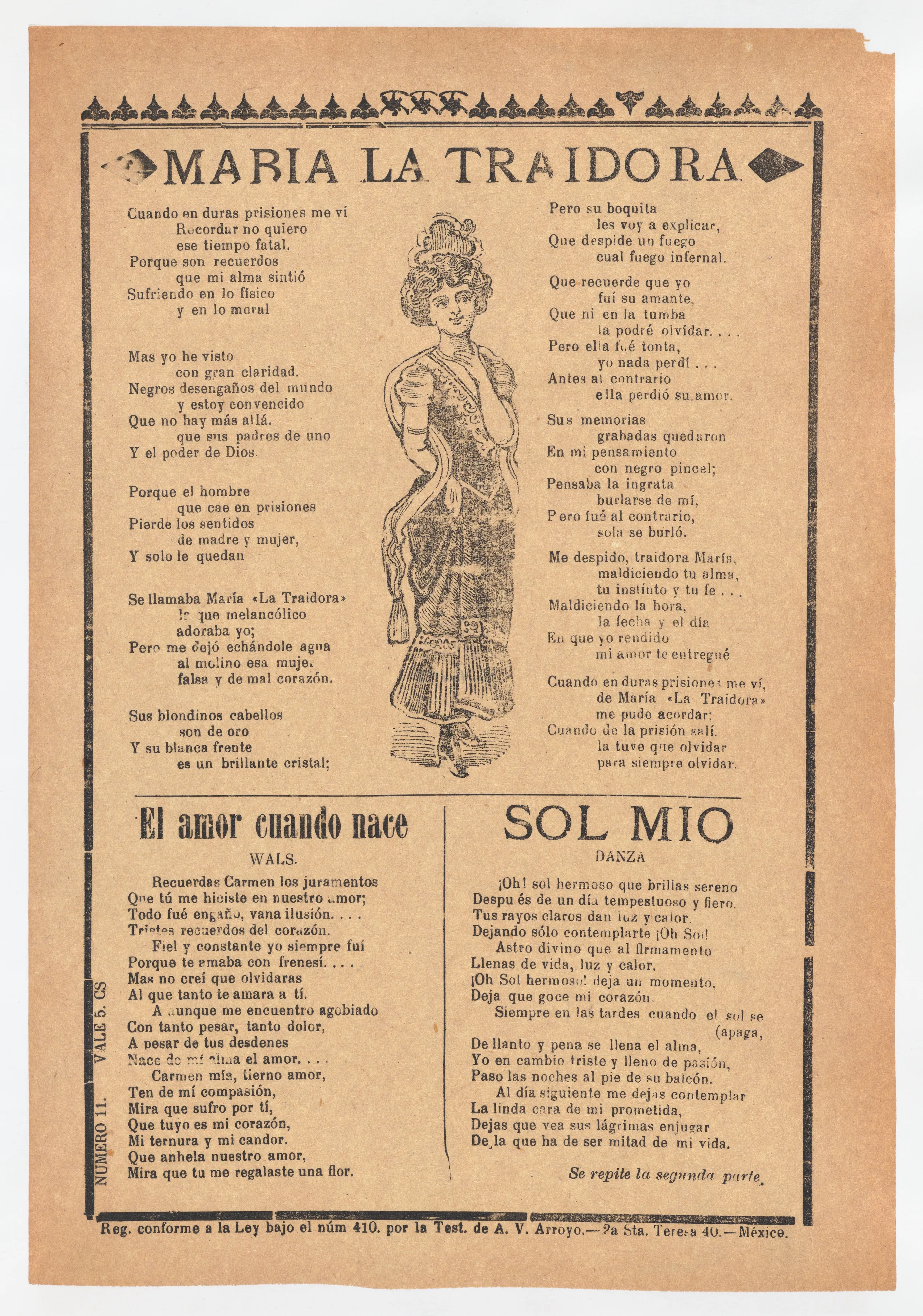 Broadsheet with three ballads about love, a woman wearing a dress and hat placing one hand to her chest and the other behind her back — José Guadalupe Posada|Antonio Vanegas Arroyo