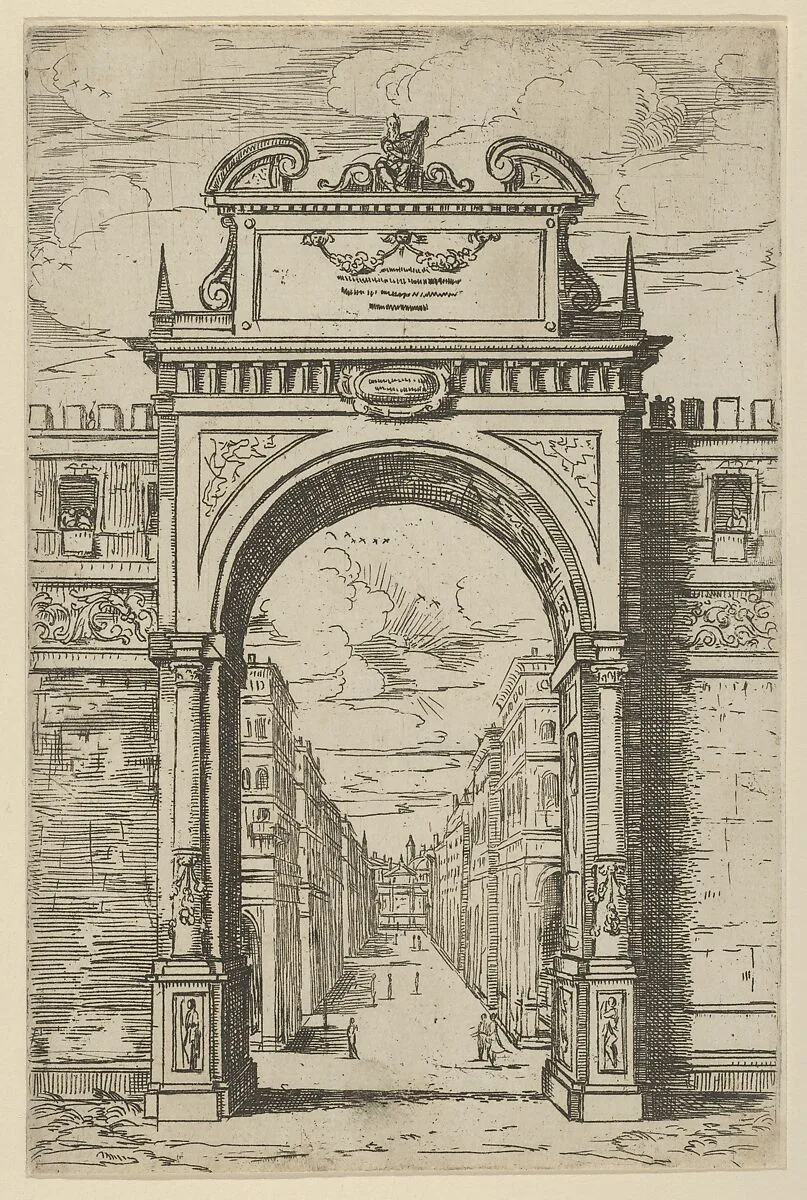 Triumphal arch surmounted by a statue of Moses, buildings seen through the arch below, a temporary decoration for the entry of Pope Clement VIII in Bologna in 1598 — Guido Reni