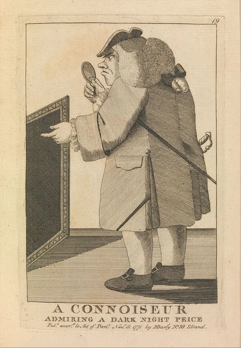 A Connoisseur Admiring a Dark Night Piece — Francis Grose|Matthew Darly|Mary Darly