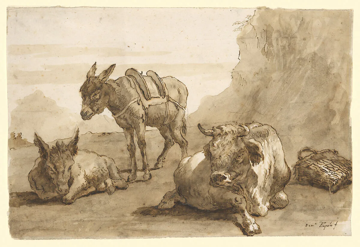 A Bull Lying Down, and Two Donkeys, in a Landscape — Giovanni Domenico Tiepolo