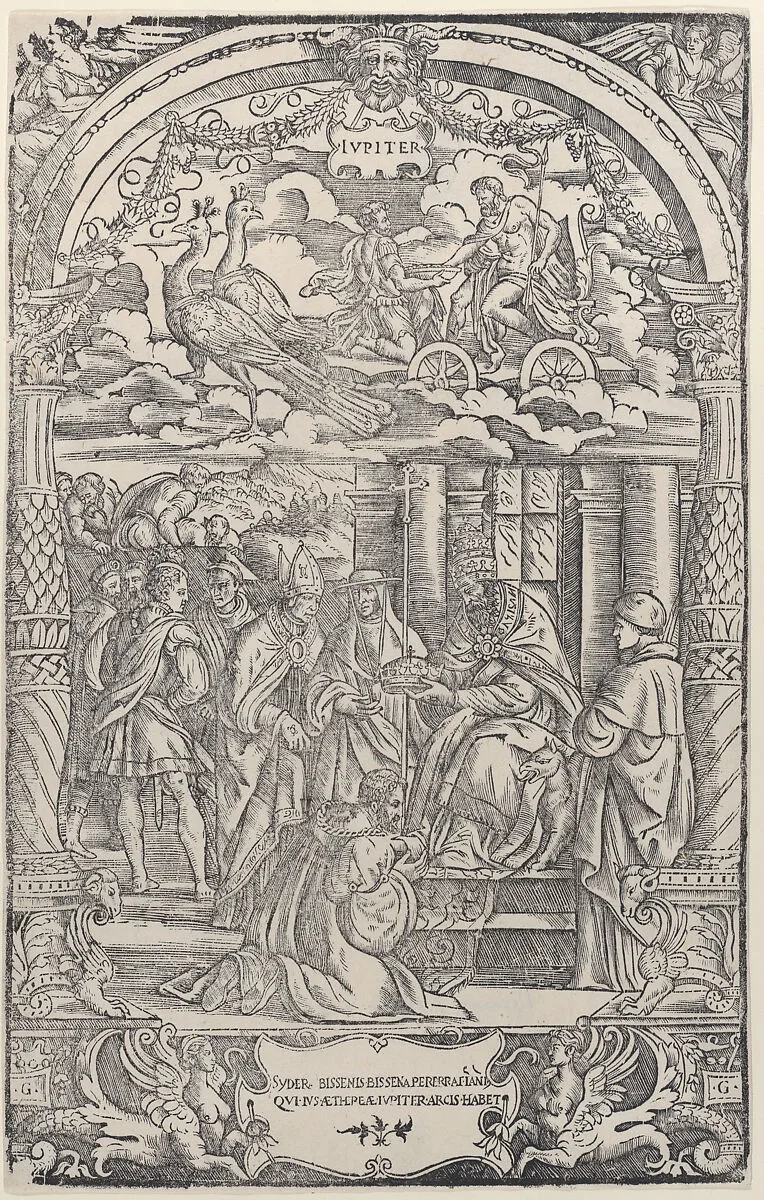 Jupiter in a Chariot Drawn by Two Peacocks above, a king being crowned by a Pope below, from 'The Seven Planets' — Girolamo Grandi