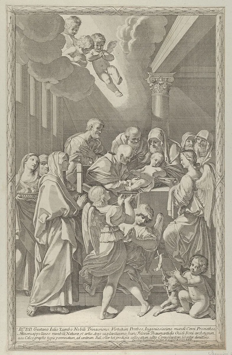 The circumcision of Christ, a group of men, women and angels surrounding him, the young Saint John the Baptist at lower right, after Reni — Guido Reni|Giacomo-Maria Giovannini