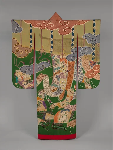 松葉地御簾几帳扇面吉祥模様打掛|Over Robe (Uchikake) with Design of Bamboo Blinds, Curtain Screens, Decorative Fans, and Auspicous Motifs