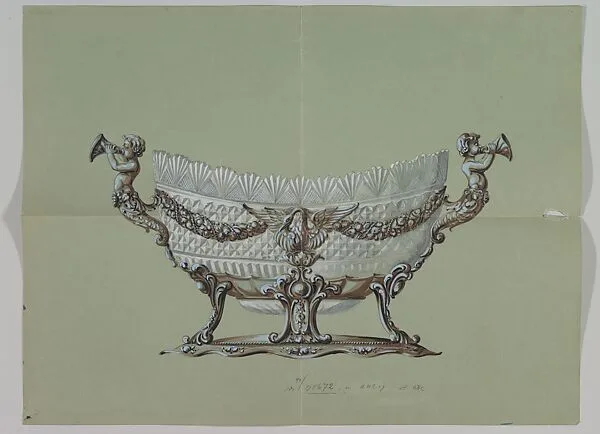 Design for Cut Glass Bowl with Ornamental Silver Holder with Tritorn Handles — Anonymous, Czech, early 20th century
