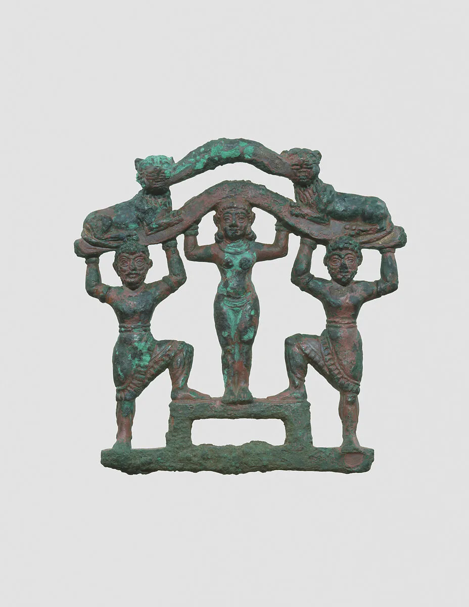 Plaque with a nude female between two bearded males wearing kilts — Unknown