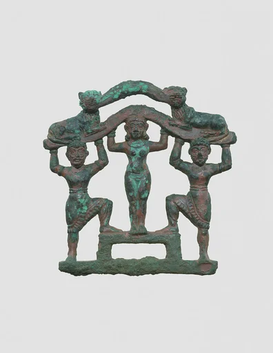 Plaque with a nude female between two bearded males wearing kilts