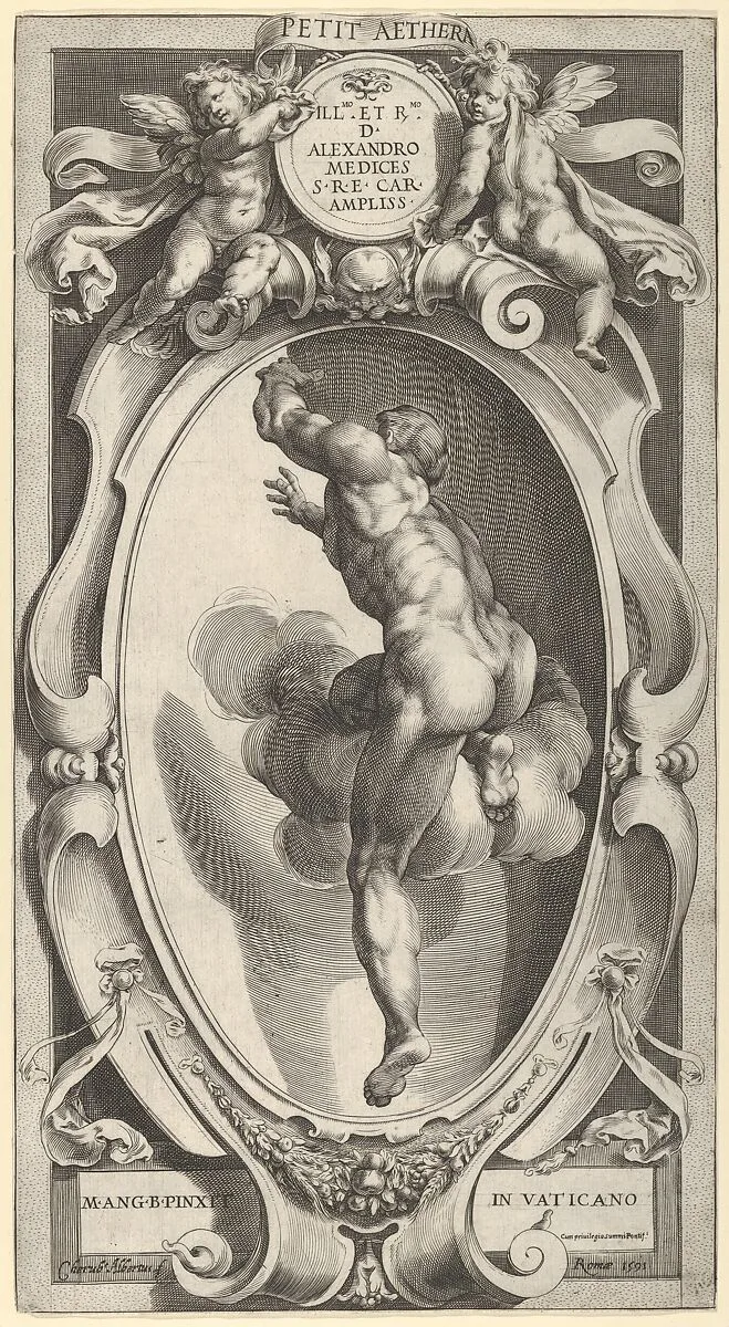 A blessed soul lifted to heaven, after Michelangelo's 'The Last Judgment' fresco in the Sistine Chapel — Cherubino Alberti (Zaccaria Mattia)|Michelangelo Buonarroti