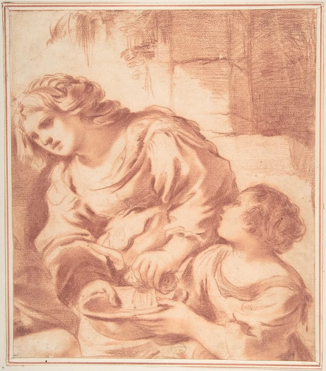 Woman Soaking a Cloth in a Bowl Held by a Girl (copy from Guercino's Saint Sebastian Tended by Irene) — Guercino (Giovanni Francesco Barbieri)
