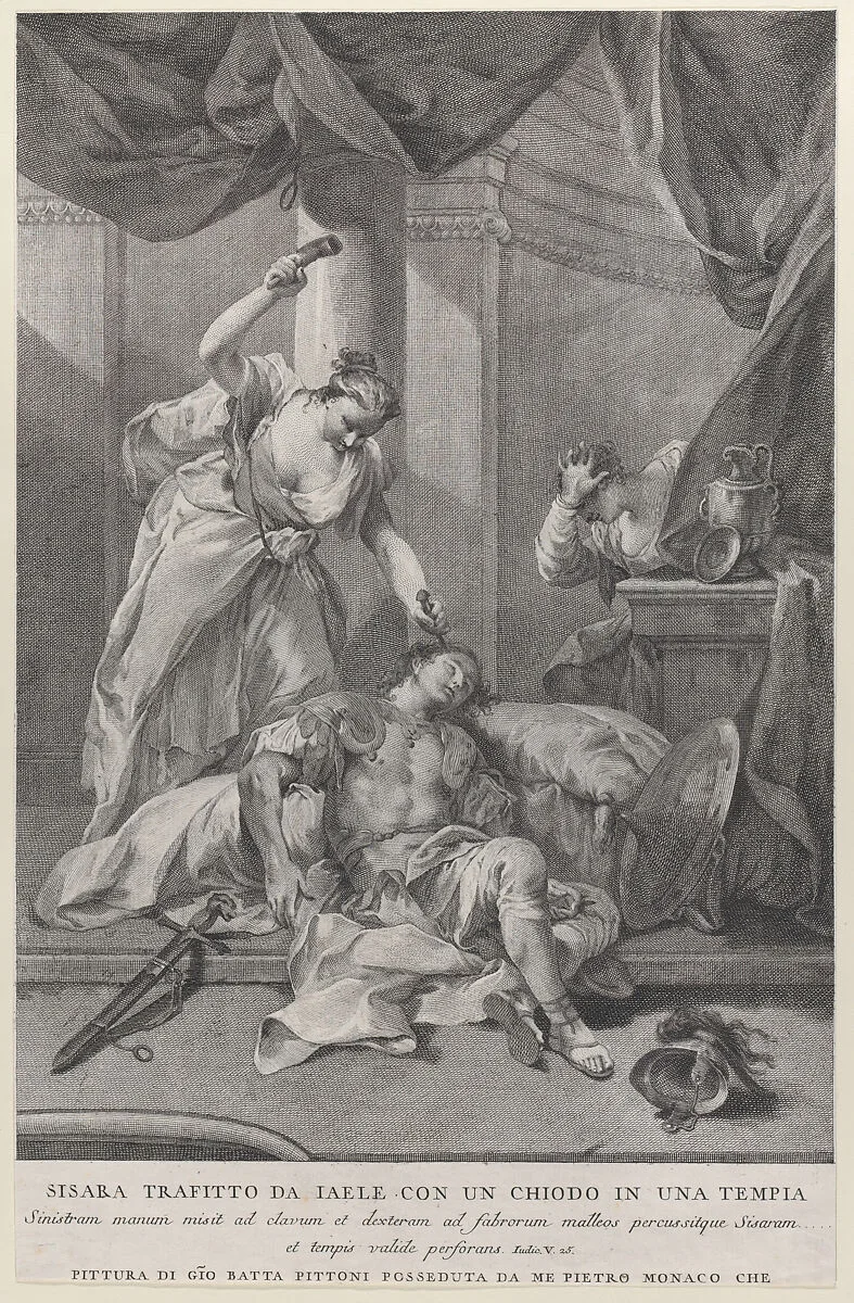 Jael hammering a tent peg into the temple of the sleeping Sisera, to the right a servant hides behind a curtain; from the series of 112 prints of the sacred history, after the painting by Giovanni Battista Pittoni — Pietro Monaco|Giovanni Battista Pittoni|Pietro Monaco