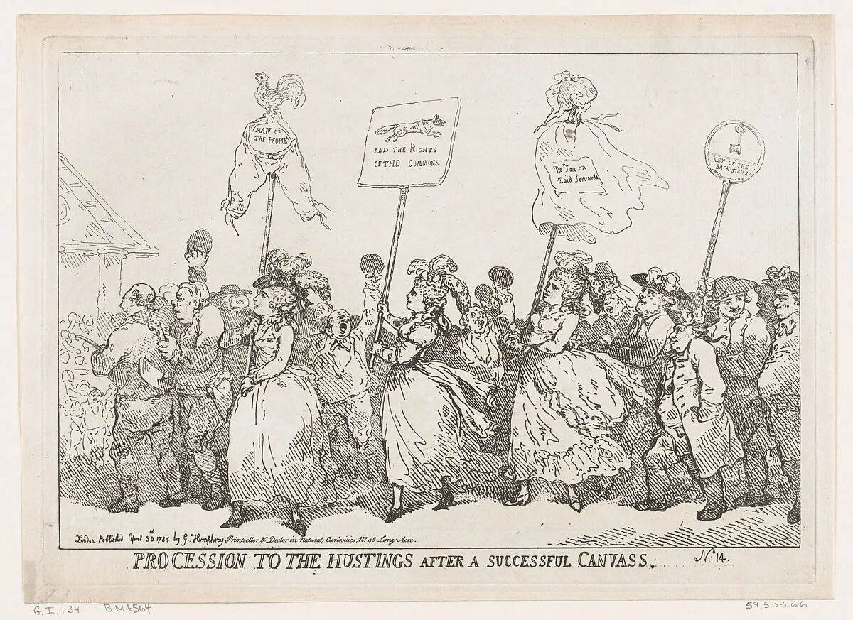Procession to The Hustings After A Successful Canvass — Henrietta Ponsonby, Countess of Bessborough|George, Prince of Wales|Charles James Fox|Georgiana, Duchess of Devonshire|William Humphrey|Thomas Rowlandson