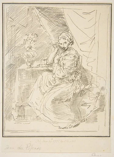 A female figure seated beside a flower vase