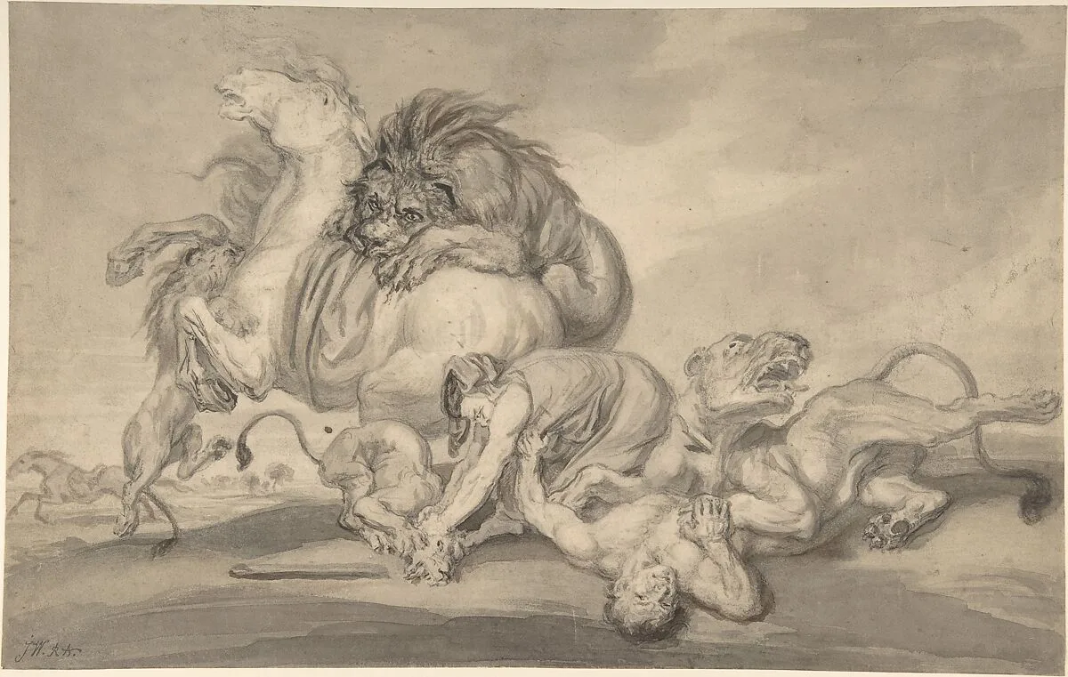 Lions Attacking Two Men and a Horse — James Ward