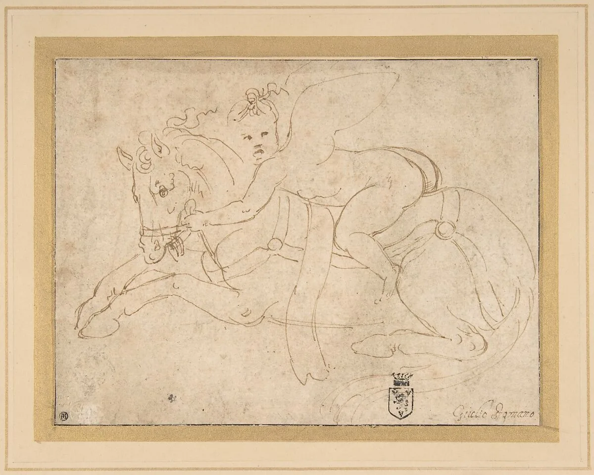 Winged Infant Riding a Crouching Horse — Giulio Romano