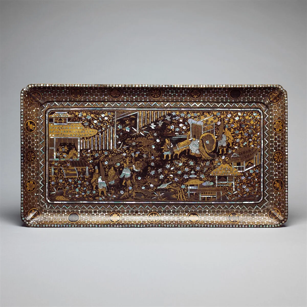 江戸時代 関屋蒔絵螺鈿盆|Tray with Scene from the Tale of Genji — Unknown