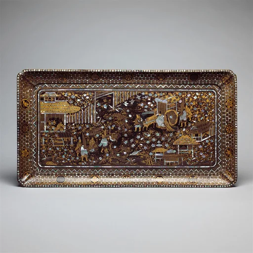 江戸時代 関屋蒔絵螺鈿盆|Tray with Scene from the Tale of Genji
