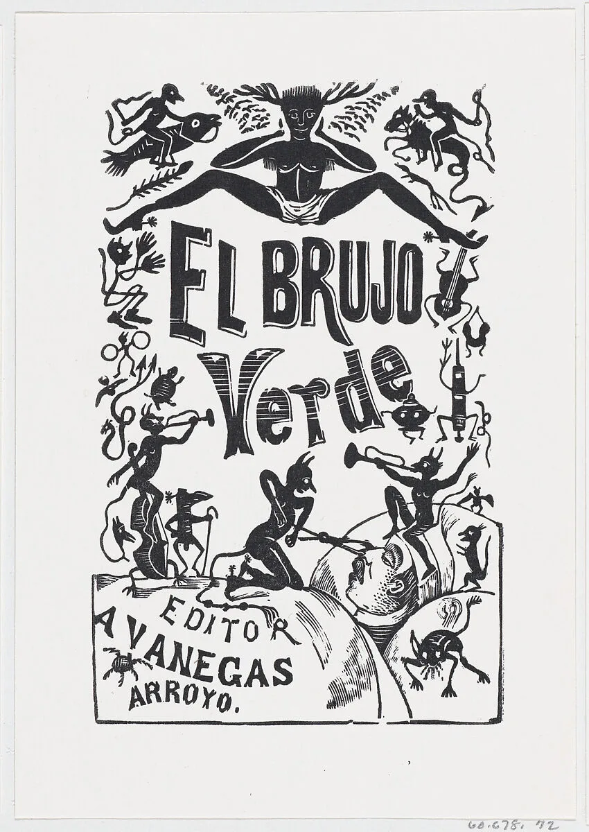 Demons troubling a sick man in bed, illustration for 'El Brujo Verde (The Green Magician)' edited by Antonio Vanegas Arroyo — José Sanchez|José Guadalupe Posada
