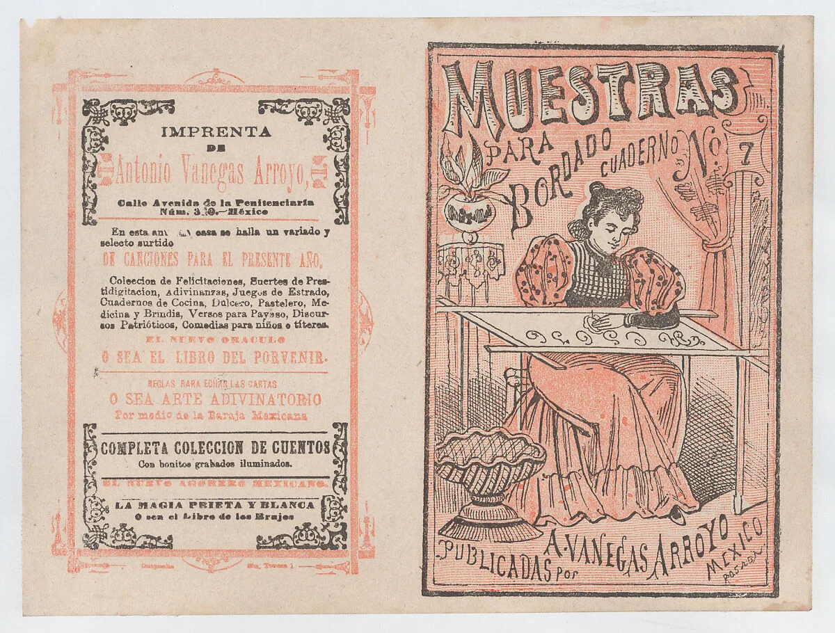 Cover for 'Muestras para Bordado', a woman embroidering — José Guadalupe Posada|Antonio Vanegas Arroyo