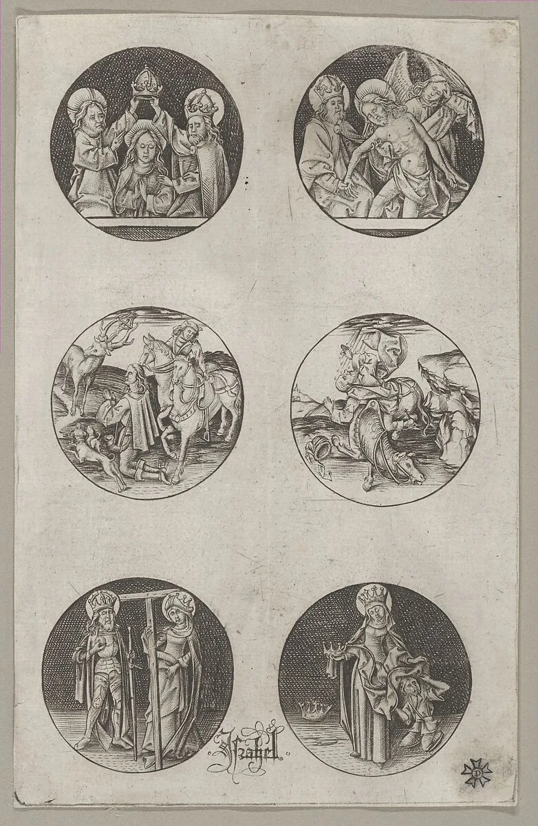 Six Roundel Patterns for a Goldsmith: the Coronation of the Virgin, God the Father with the Body of Christ, St. Eustace or St. Hubert, the Conversion of St. Paul, Charlemagne and St. Helen, and St. Elizabeth — Israhel van Meckenem