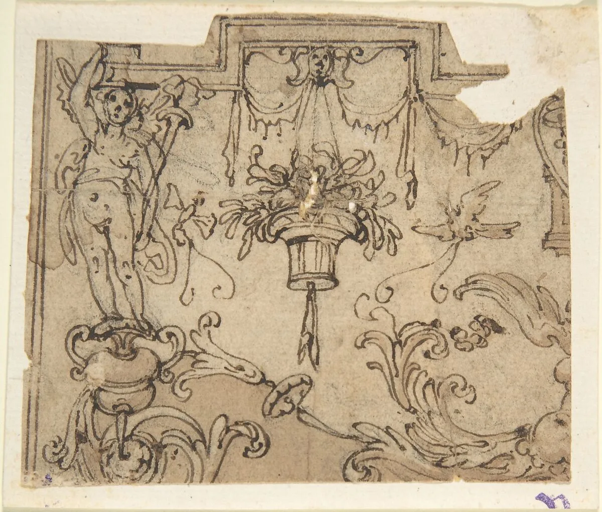 Fragment of a Scheme with Grotesque Decorations; Fragment of an Ornament Design after the antique (verso) — Anonymous, Italian?, 16th century