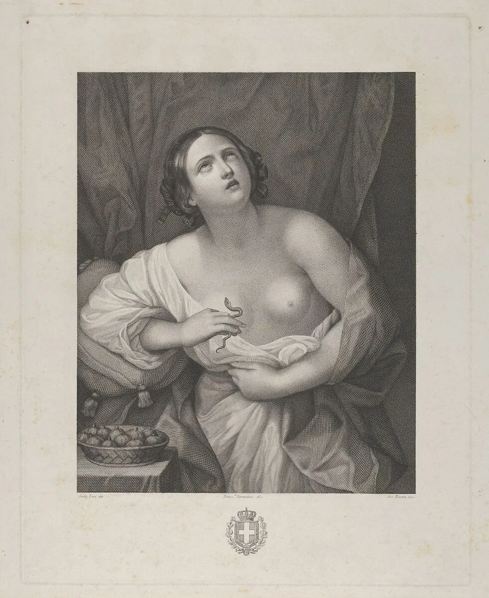 Cleopatra looking upwards while holding an asp in her right hand and clutching at her stomach with her left, a bowl of figs at left, after Reni — Francesco Pieraccini|Giovanni Rivera|Guido Reni