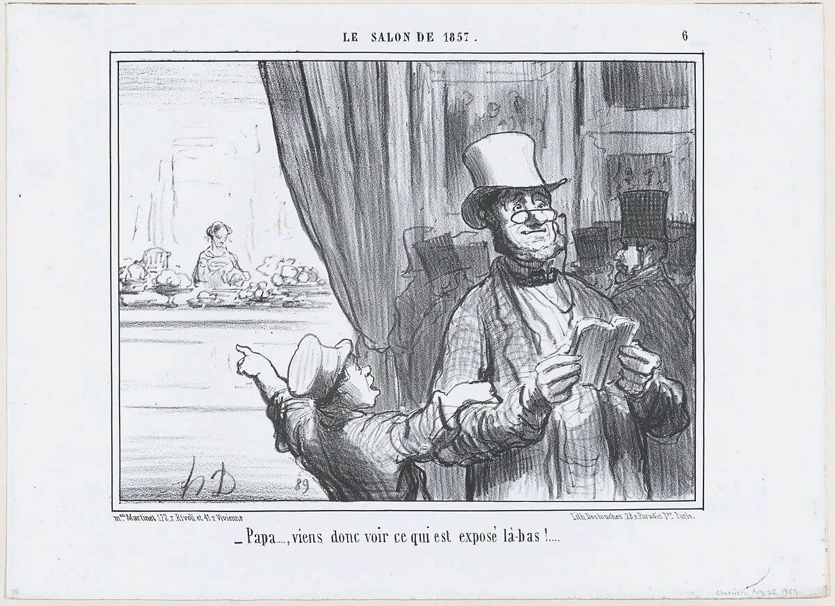 Papa...., viens donc voir ce qui est exposé là-bas!....', from Le Salon de 1857, published in "Le Charivari" — Aaron Martinet|Honoré Daumier|Destouches